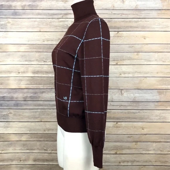 Victoria Beckham Intarsia Turtle Neck Check Plaid Lightweight Sweater Wool NWOT